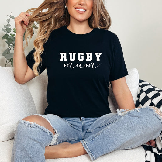 Bold and striking, the white "Rugby Mum" text pops on the sleek black fabric, making a powerful statement for rugby moms.