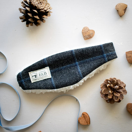 Grey Tweed with Bright Blue Check Head Warmer - F&B Crafts - F&B Handmade