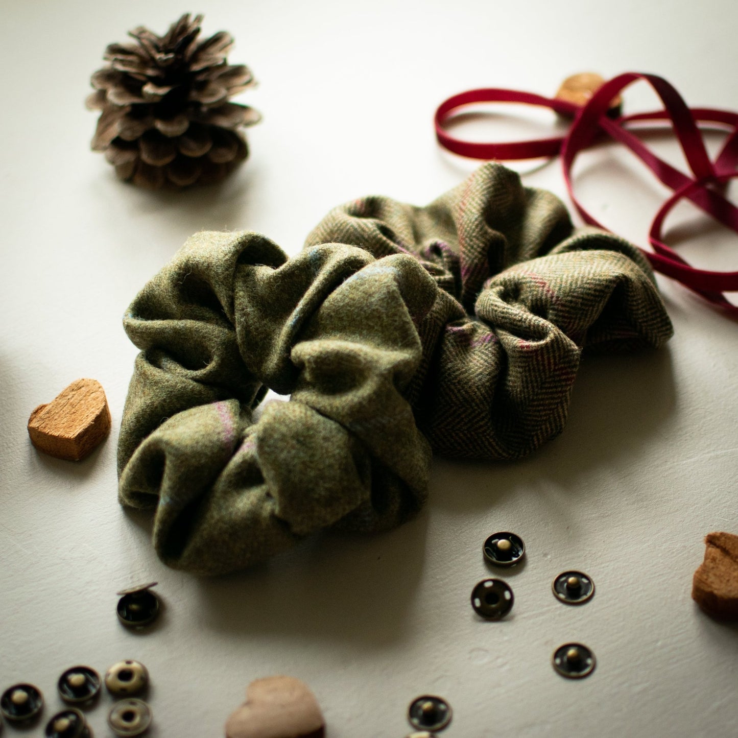 Khaki, Red & Pink Tweed Scrunchies - F&B Crafts - F&B Handmade