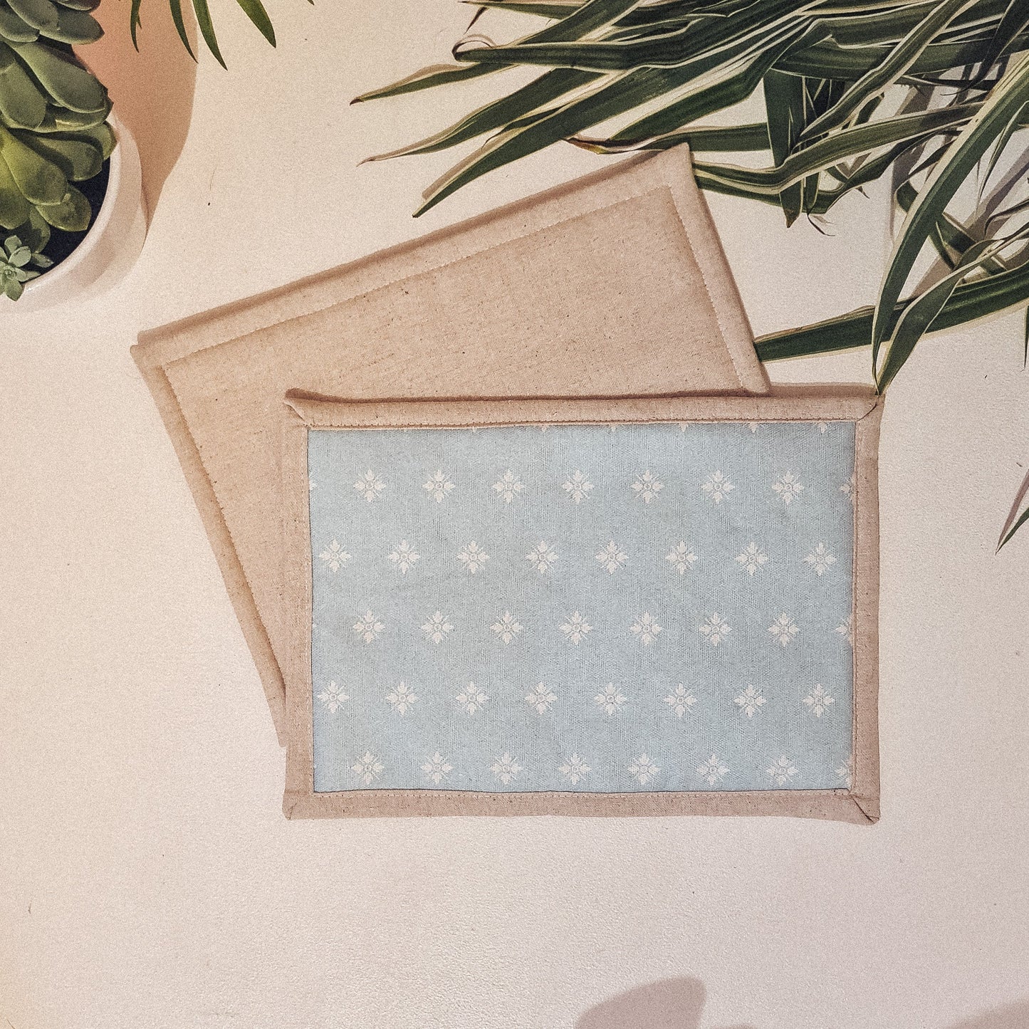 Light Blue Floral and Tweed Mats Pair - F&B Crafts - F&B Handmade