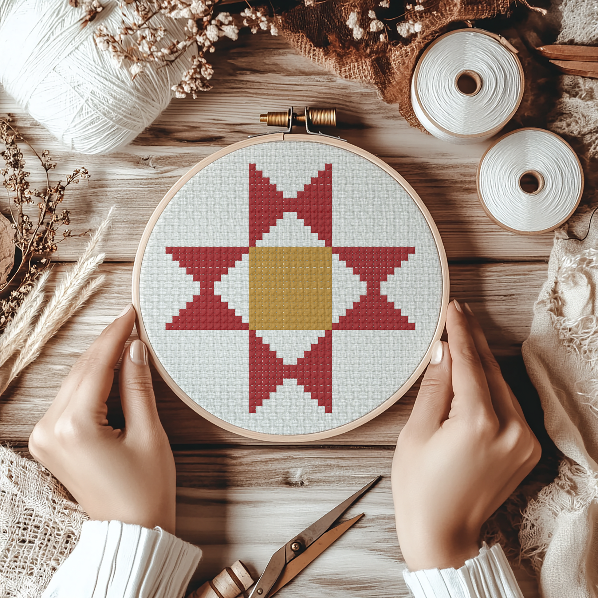 A top-down view of a person's hands holding a circular embroidery hoop with a cross-stitch pattern of a star and diamond. The scene is styled with spools of white thread, yarn, dried flowers, and a wooden surface.