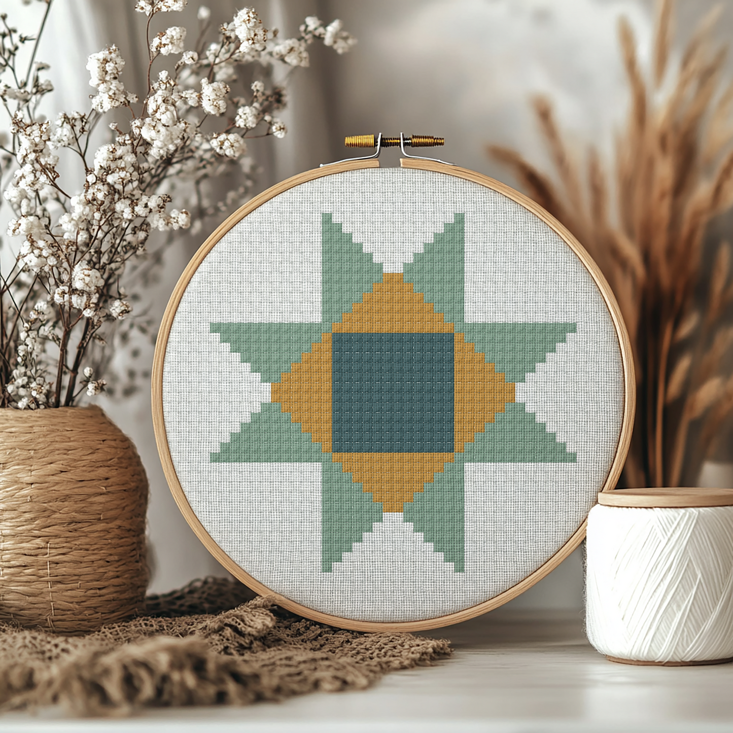 A round wooden embroidery hoop holding a geometric cross-stitch pattern in sage green, mustard yellow, and slate blue on white thread, styled on a tabletop with dried flowers, a woven vase, and a spool of white thread.