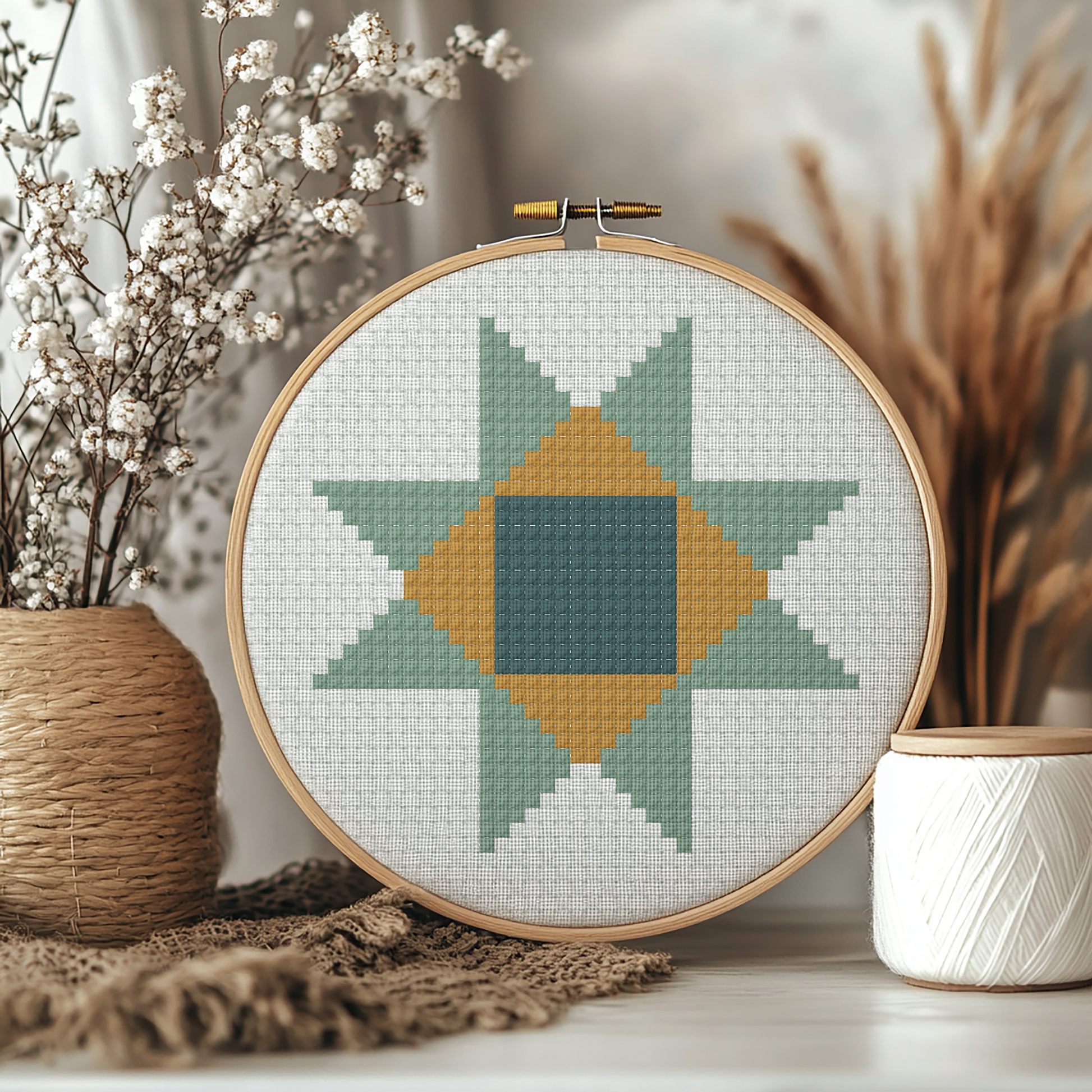 A round wooden embroidery hoop holding a geometric cross-stitch pattern in sage green, mustard yellow, and slate blue on white thread, styled on a tabletop with dried flowers, a woven vase, and a spool of white thread.