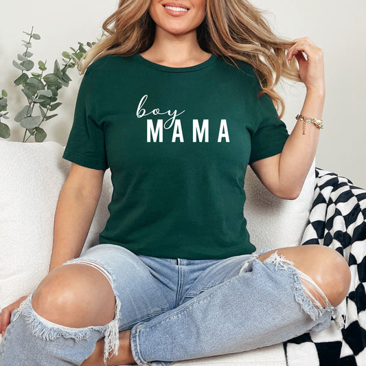 Boy Mama T-Shirt Earthy "Boy Mama" text blending with the rich forest green fabric.
