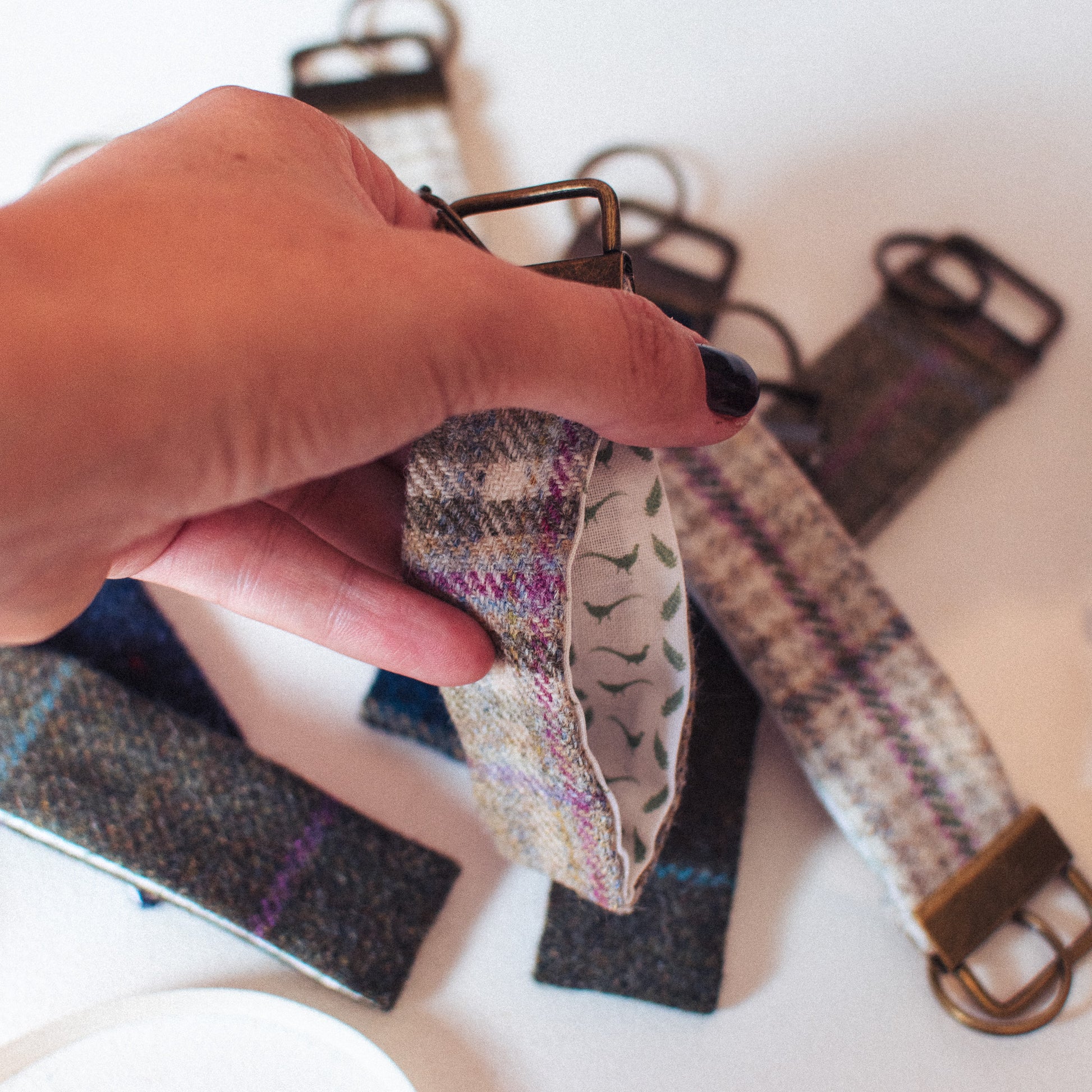 Tweed Keyrings, lined with mini pheasant and fern print fabric