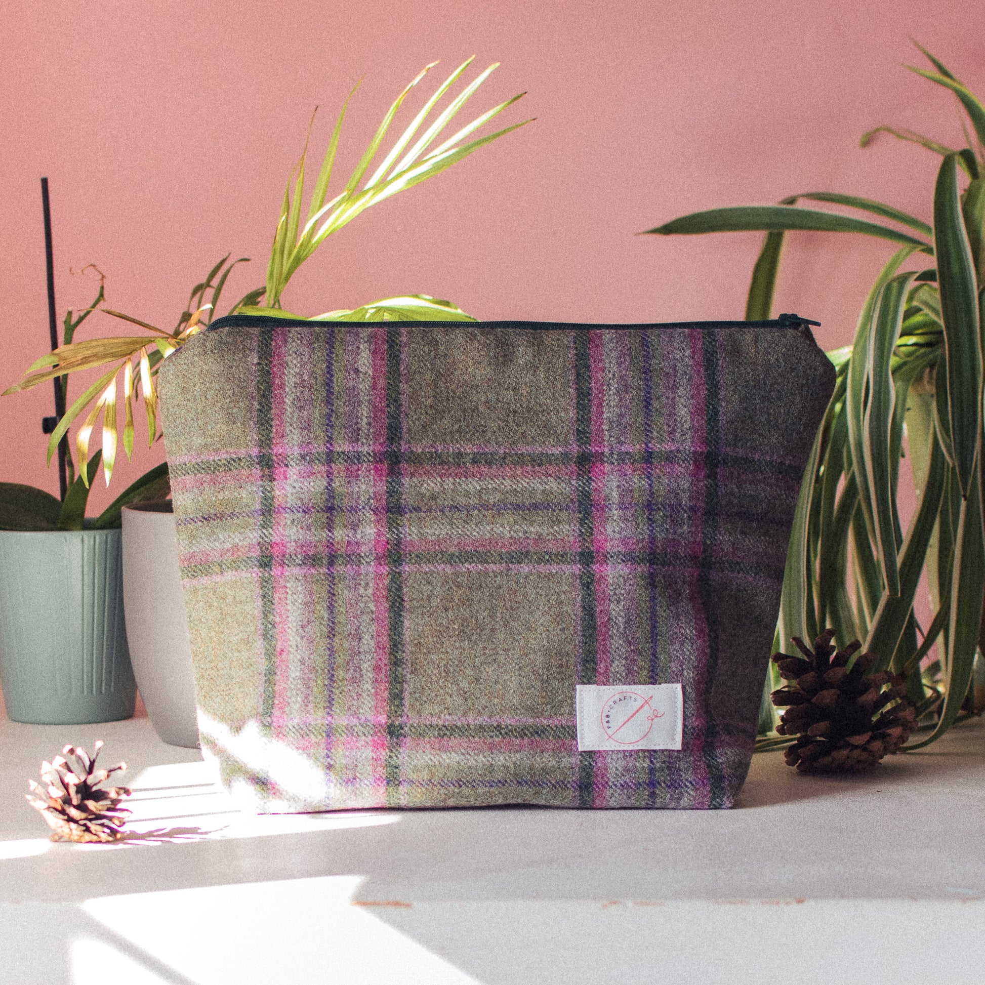 Meadow Tweed Washbag - Grass green tweed with pink, dark green and lilac check pattern by F&B Crafts