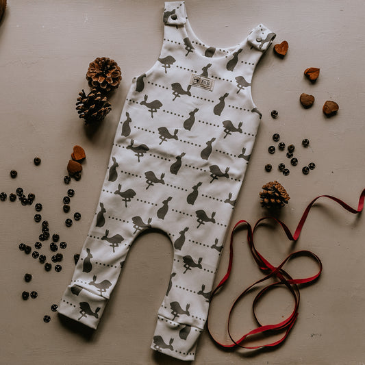 Grey Hare & Dots Dungarees Romper (Cotton)