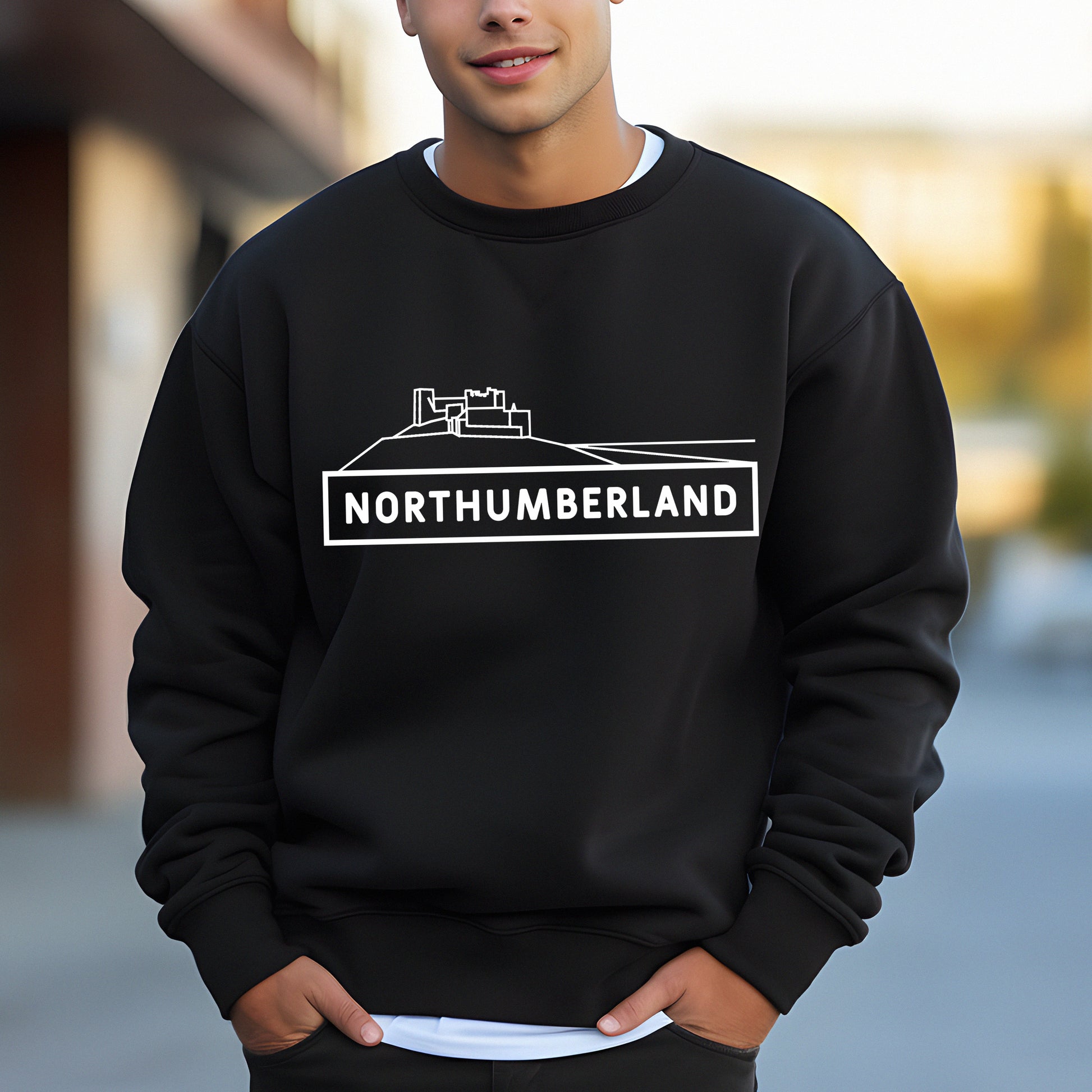 Men's Black sweatshirt with white Northumberland text and bamburgh castle
