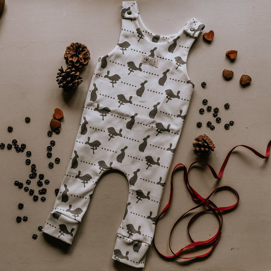 Grey Hare & Dots Dungarees Romper (Cotton) - F&B Crafts - F&B Designs