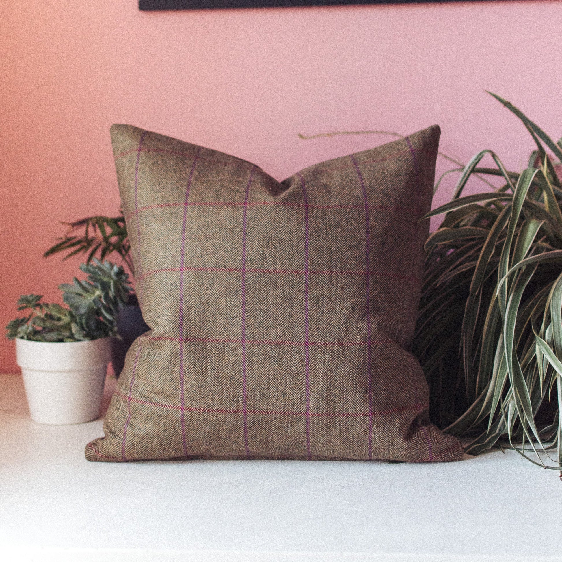 Khaki with Purple and Red Check Tweed Cushion 16