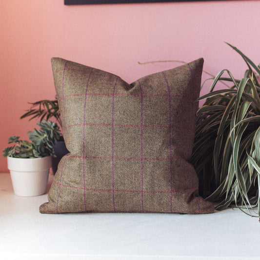 Khaki with Purple and Red Check Tweed Cushion - F&B Crafts - F&B Handmade