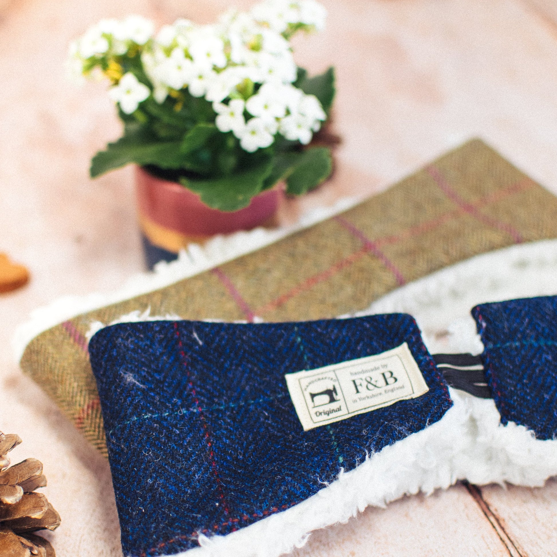 Navy Blue Herringbone with Windowpane Check Head Warmer - F&B Crafts - F&B Handmade