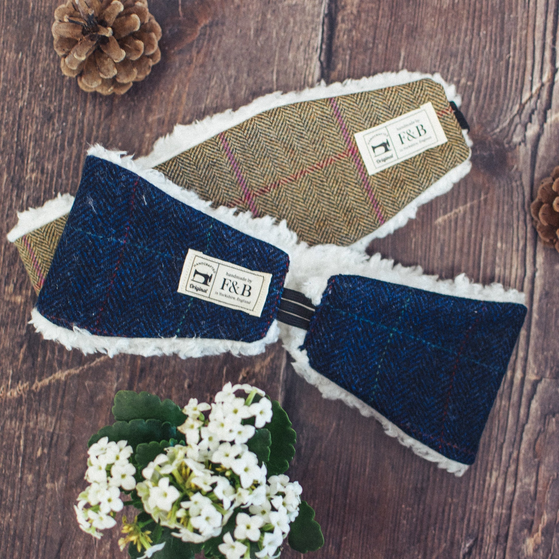 Navy Blue Herringbone with Windowpane Check Head Warmer - F&B Crafts - F&B Handmade
