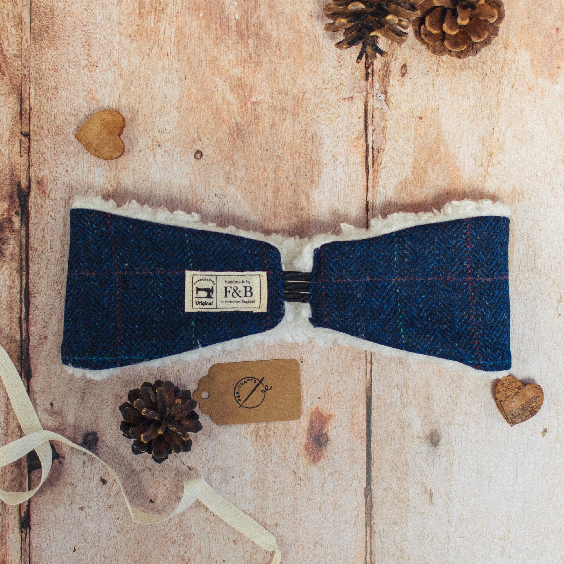 Navy Blue Herringbone with Windowpane Check Head Warmer - F&B Crafts - F&B Handmade