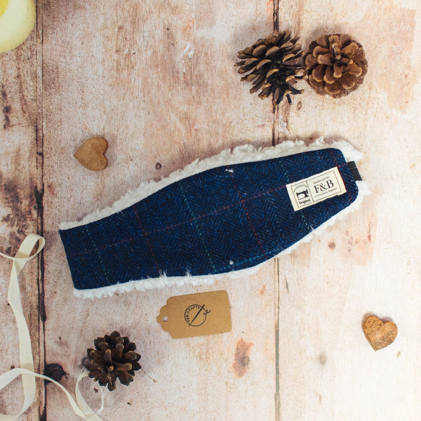 Navy Blue Herringbone with Windowpane Check Head Warmer - F&B Crafts - F&B Handmade