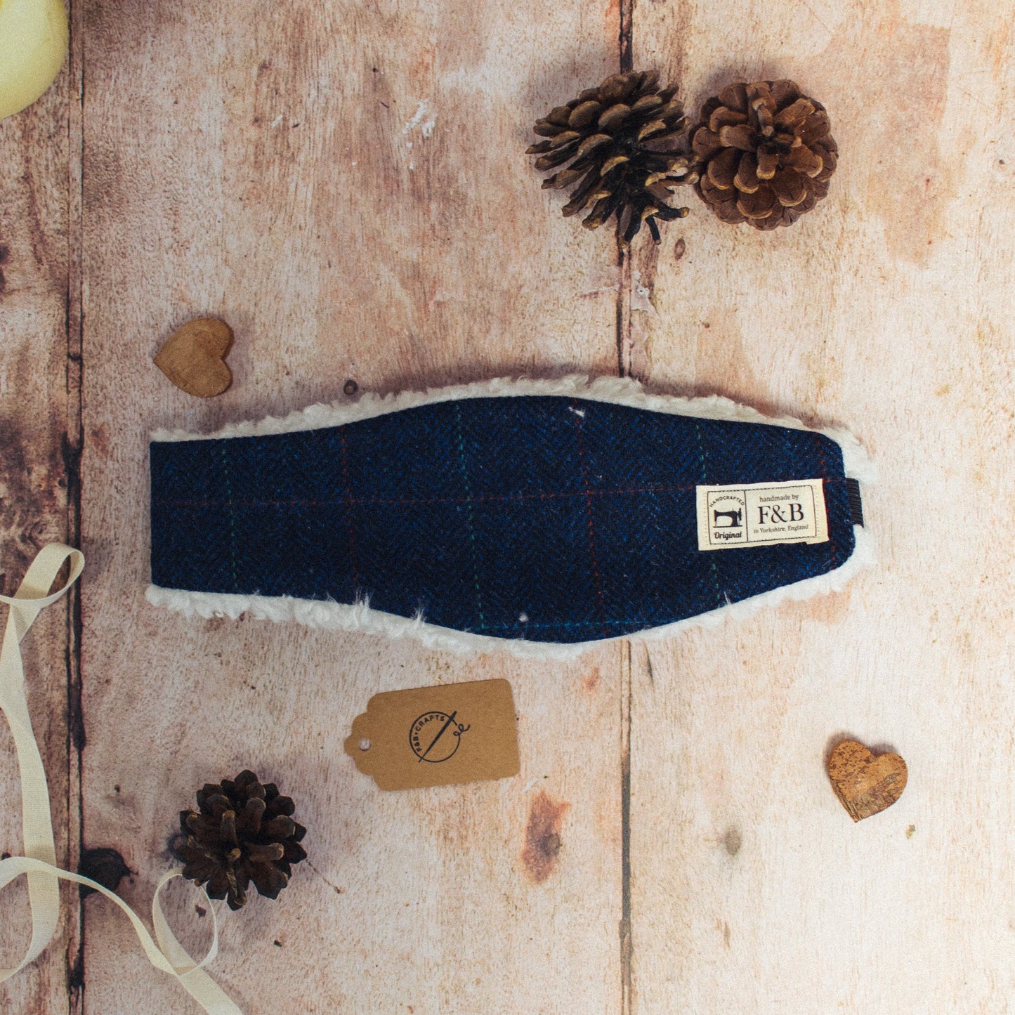 Navy Blue Herringbone with Windowpane Check Head Warmer - F&B Crafts - F&B Handmade