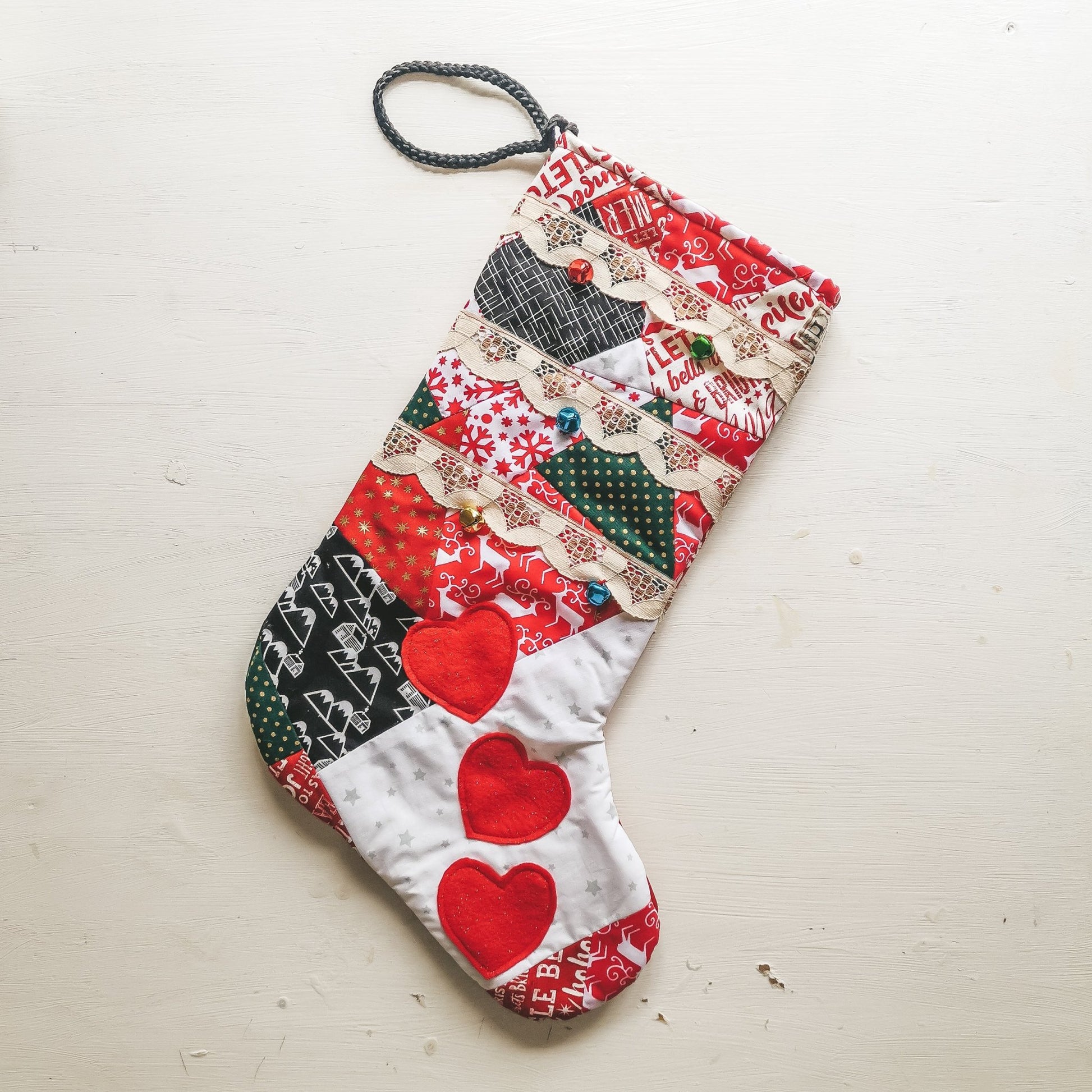 Patchwork Christmas Stocking With Lace and Hearts - F&B Crafts - F&B Handmade