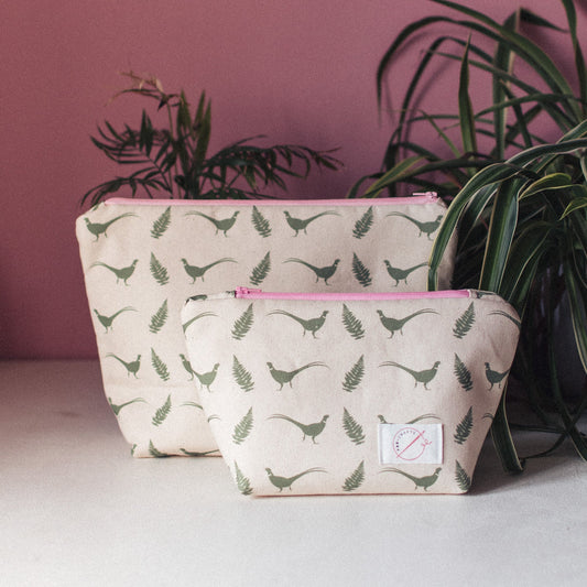 Pheasant & Fern Wash Bag and Make-up Bag in Green with Pink Zip - F&B Crafts - F&B Designs
