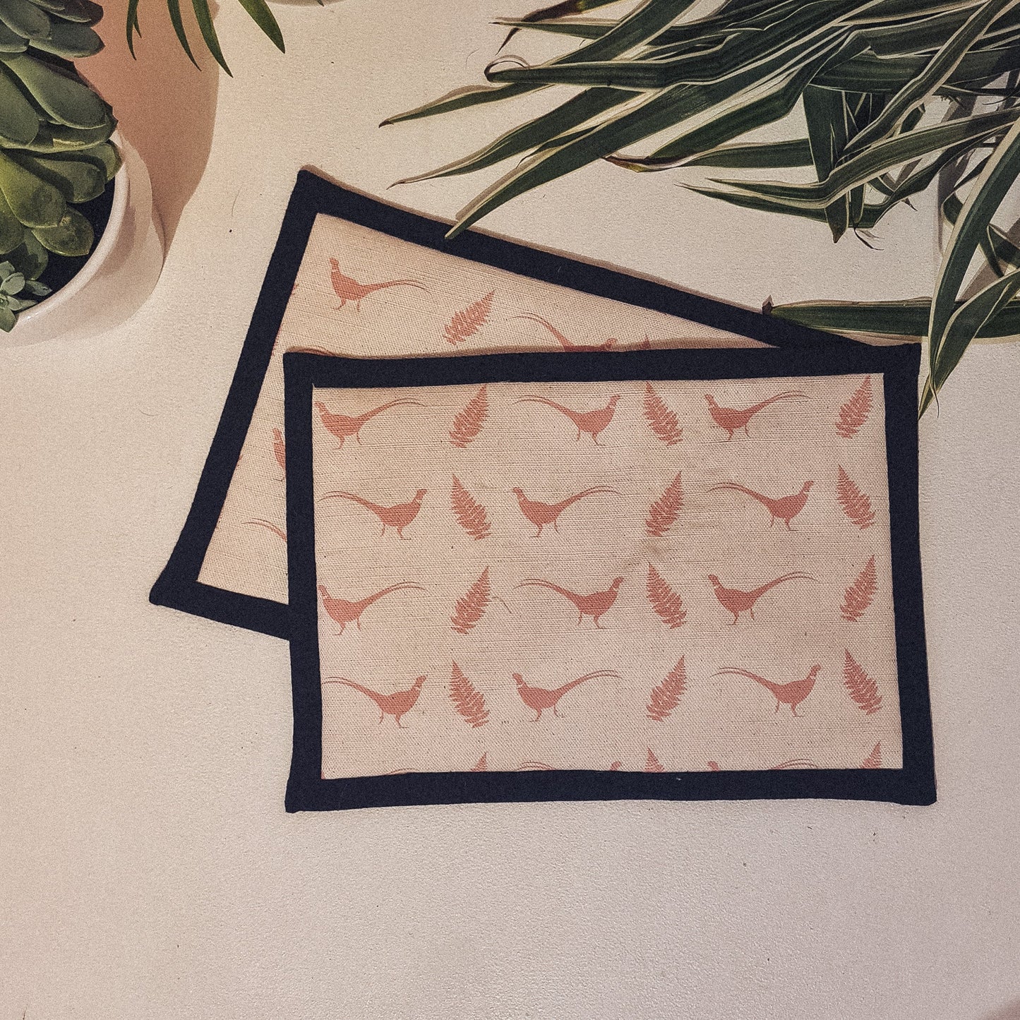 Pink Pheasant & Fern Mats Pair - F&B Crafts - F&B Handmade