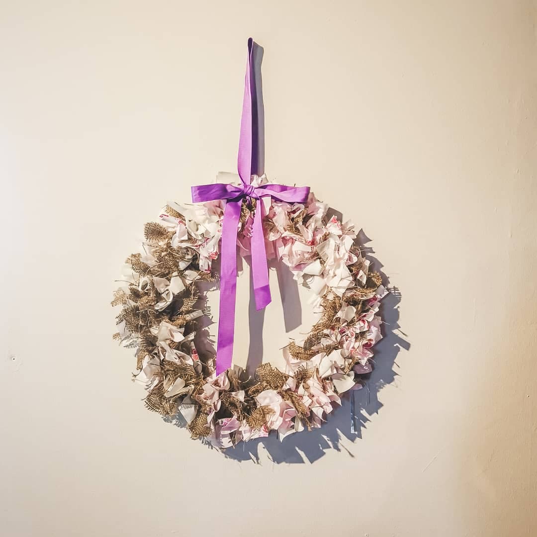 light pink and hessian burlap fabric wreath - handmade in yorkshire - F&B - home decor - nursery decor