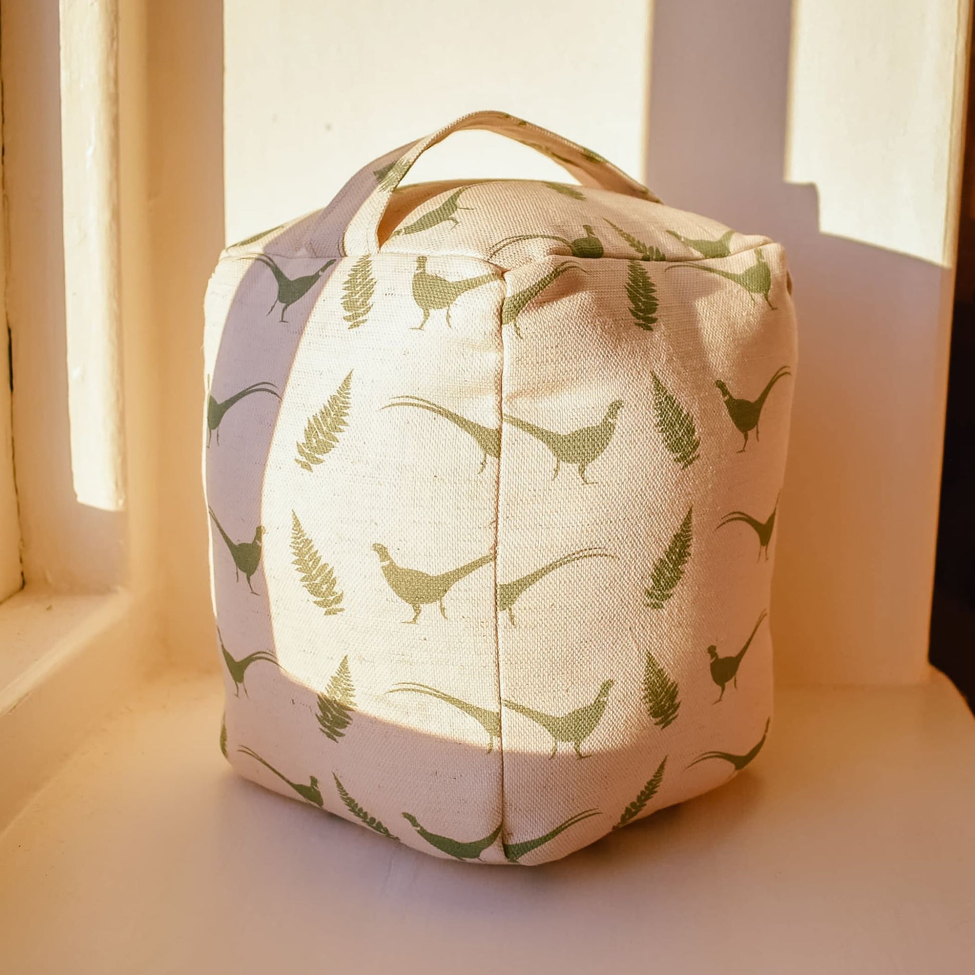 Doorstops inspired by and handmade in Yorkshire by F&B - Pheasant and Fern print fabric designed by F&B