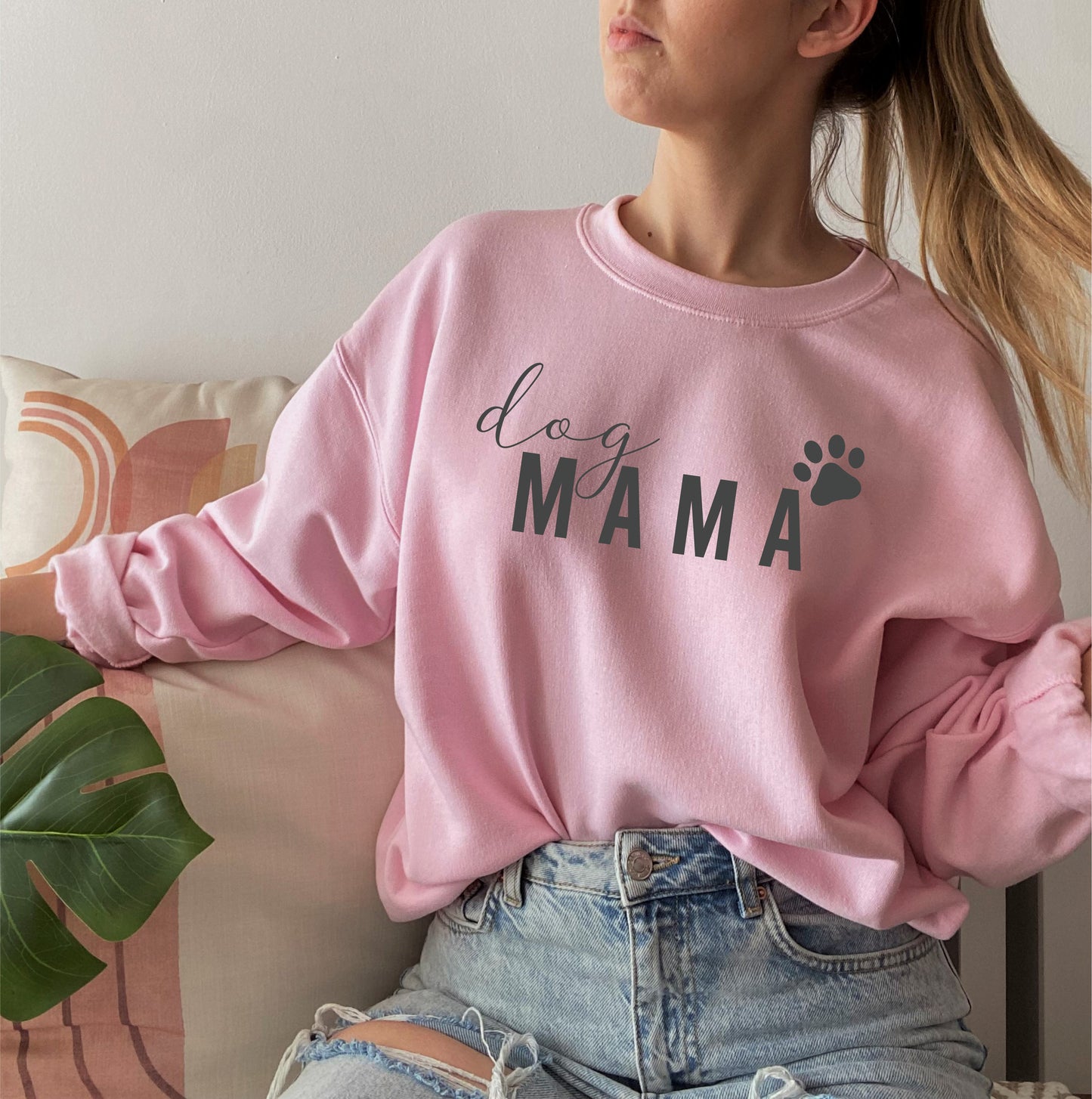 Pink with grey Dog mama text sweatshirt by F&B Crafts