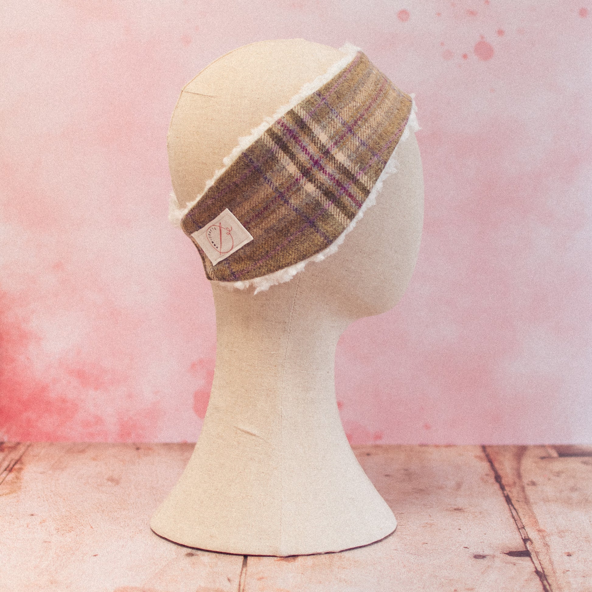 Back of F&B Crafts Blossom Tweed Head warmer handmade in Yorkshire