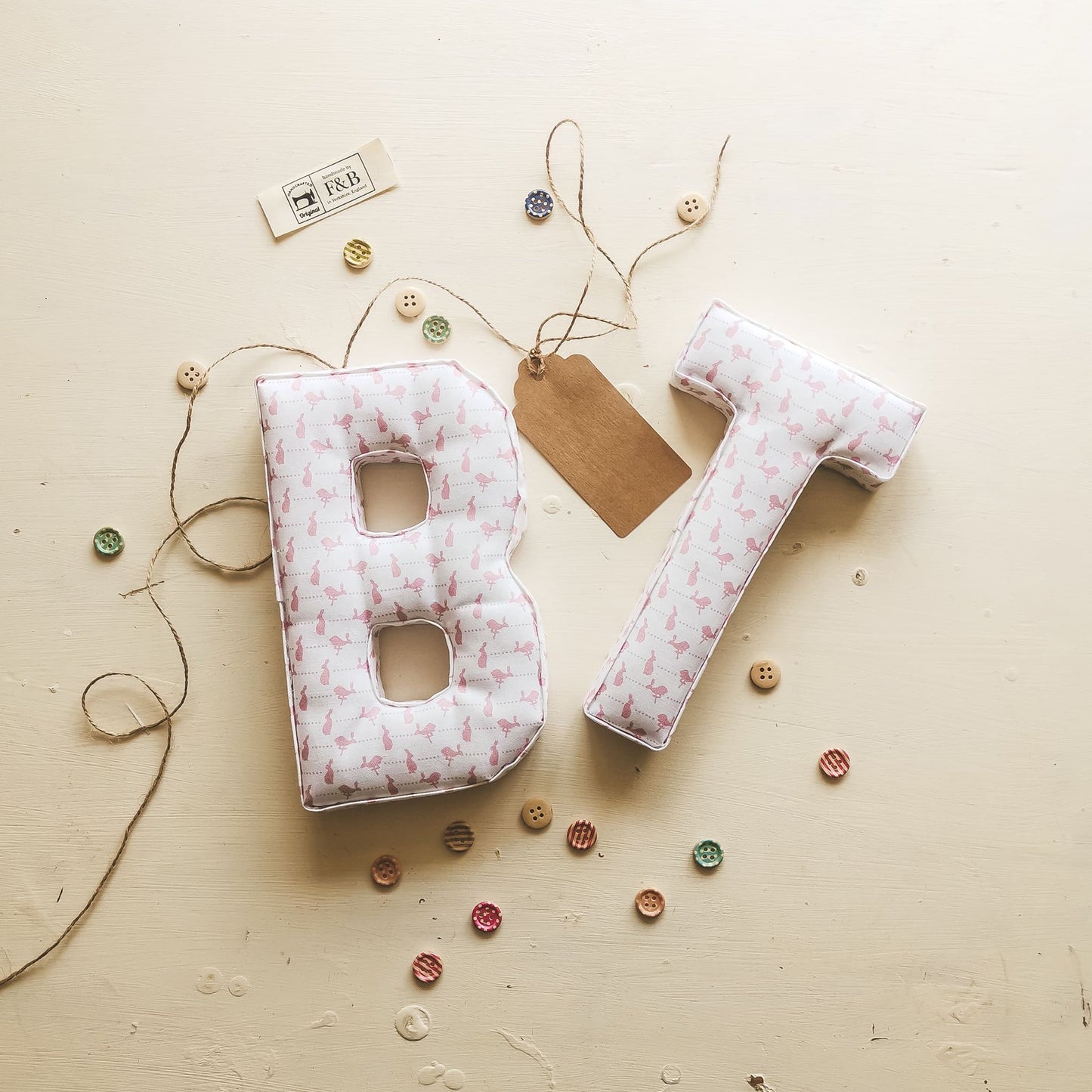 B T - Fabric Initials for the alphabet - handmade by F&B in dainty country prints featuring hares and other cute country designs