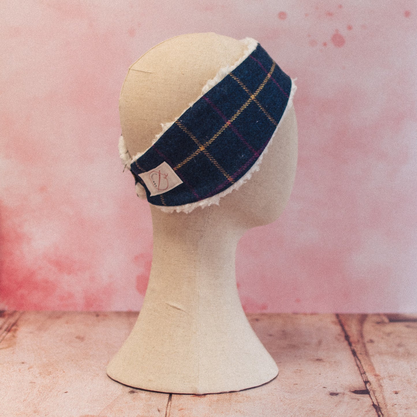 Colliford Tweed earwarmer handmade by F&B Crafts - navy blue with yellow and pink windowpane check