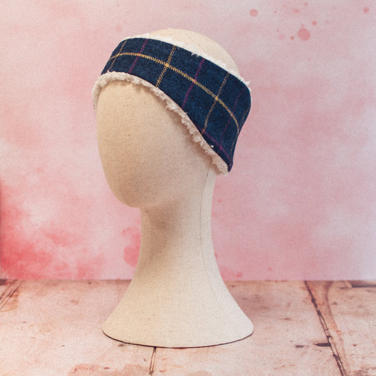 F&B Crafts Navy blue headwarmer with yellow and pink window pane check