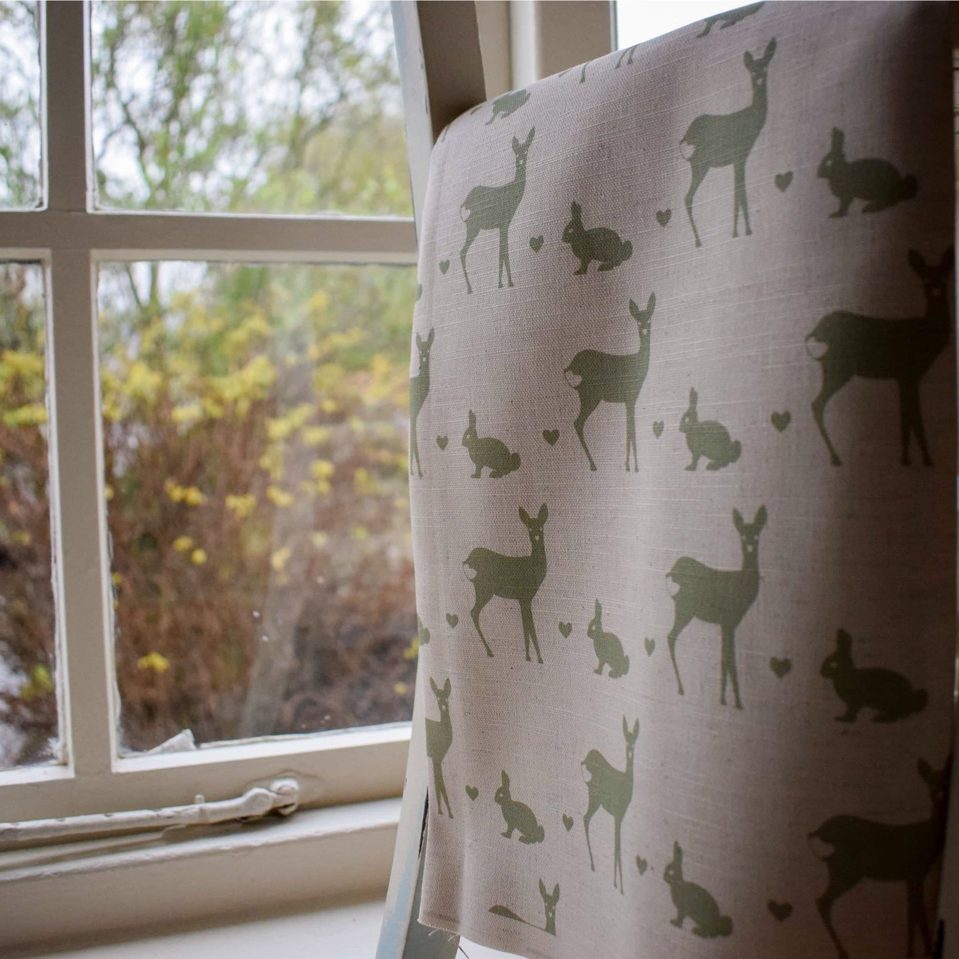 Roe Deer and Rabbit Print Fabric - Hovingham Green - Desgined by F&B in Hovingham - Yorkshire Based Interiors