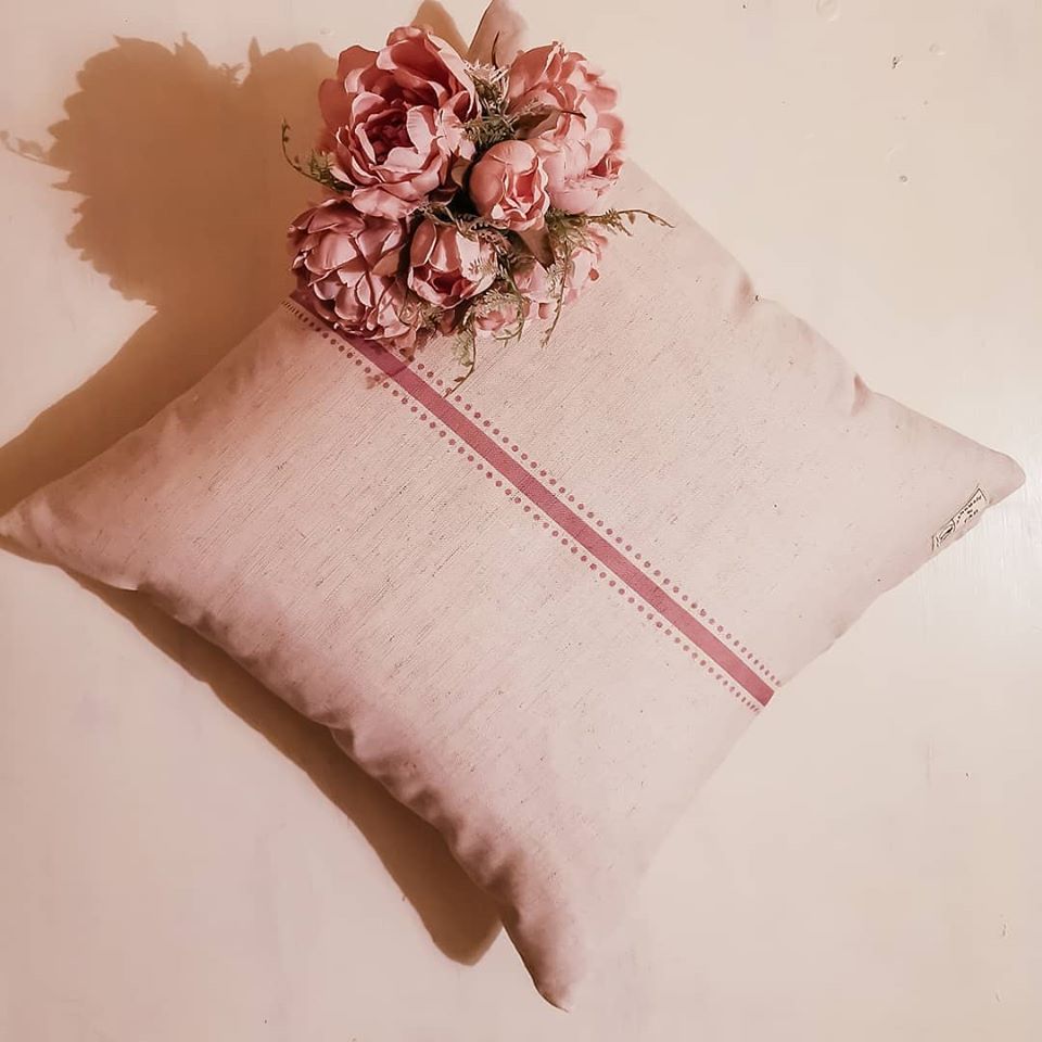 Blush Rose Linen Cushion Featuring Centre Stripe and Dots - Designed by F&B Inspired by vintage french prints - made in yorkshire