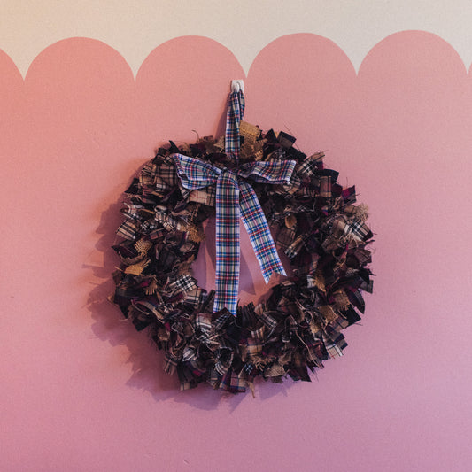 F&B Crafts Burgundy Tartan Autumn Wreath Handmade in Yorkshire - Purple and Taupe Rag Wreath