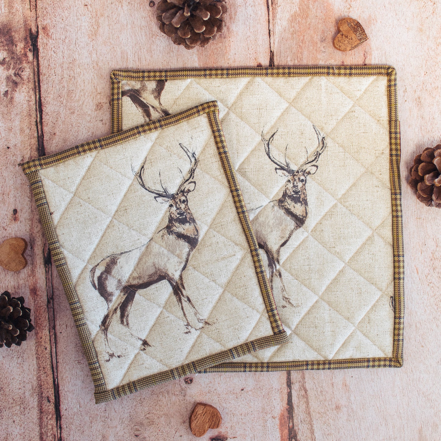 F&B Crafts Stag Print Mats - Handmade in Yorkshire - Quilted and lined with heat proof wadding
