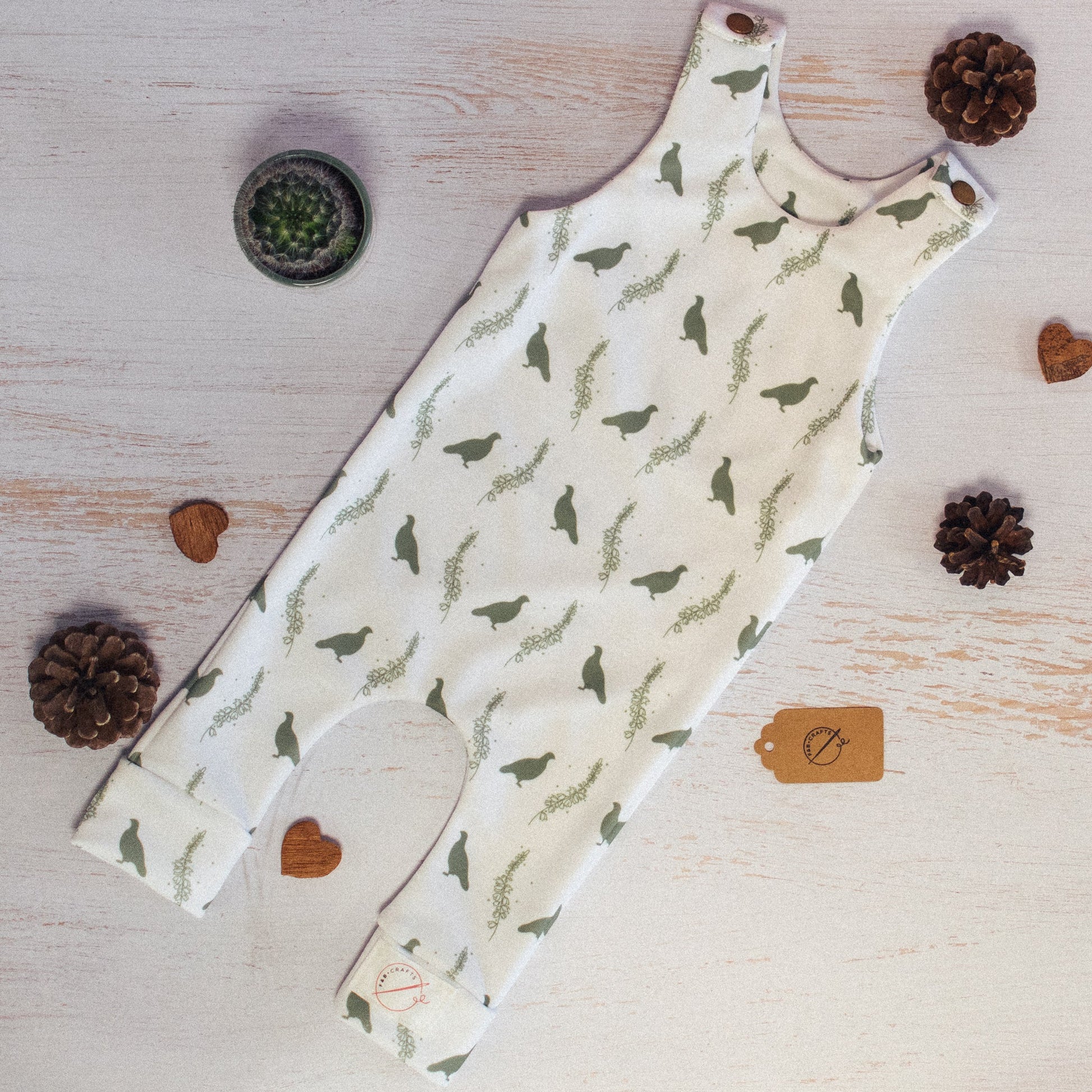 F&B Crafts Green Grouse & Heather Print Baby Romper - Handmade in Yorkshire by F&B Crafts