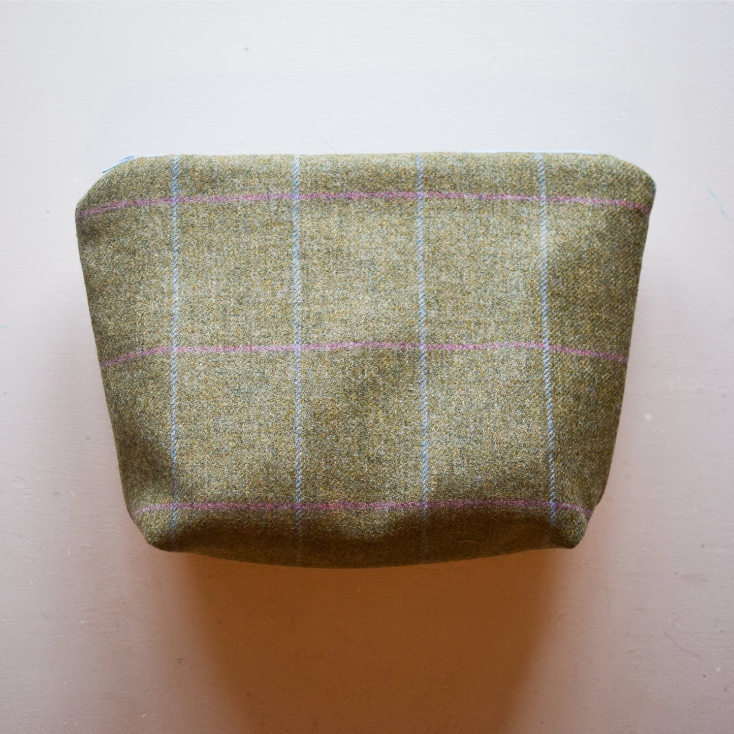 Green light blue and pink tweed wash bag handmade by F&B