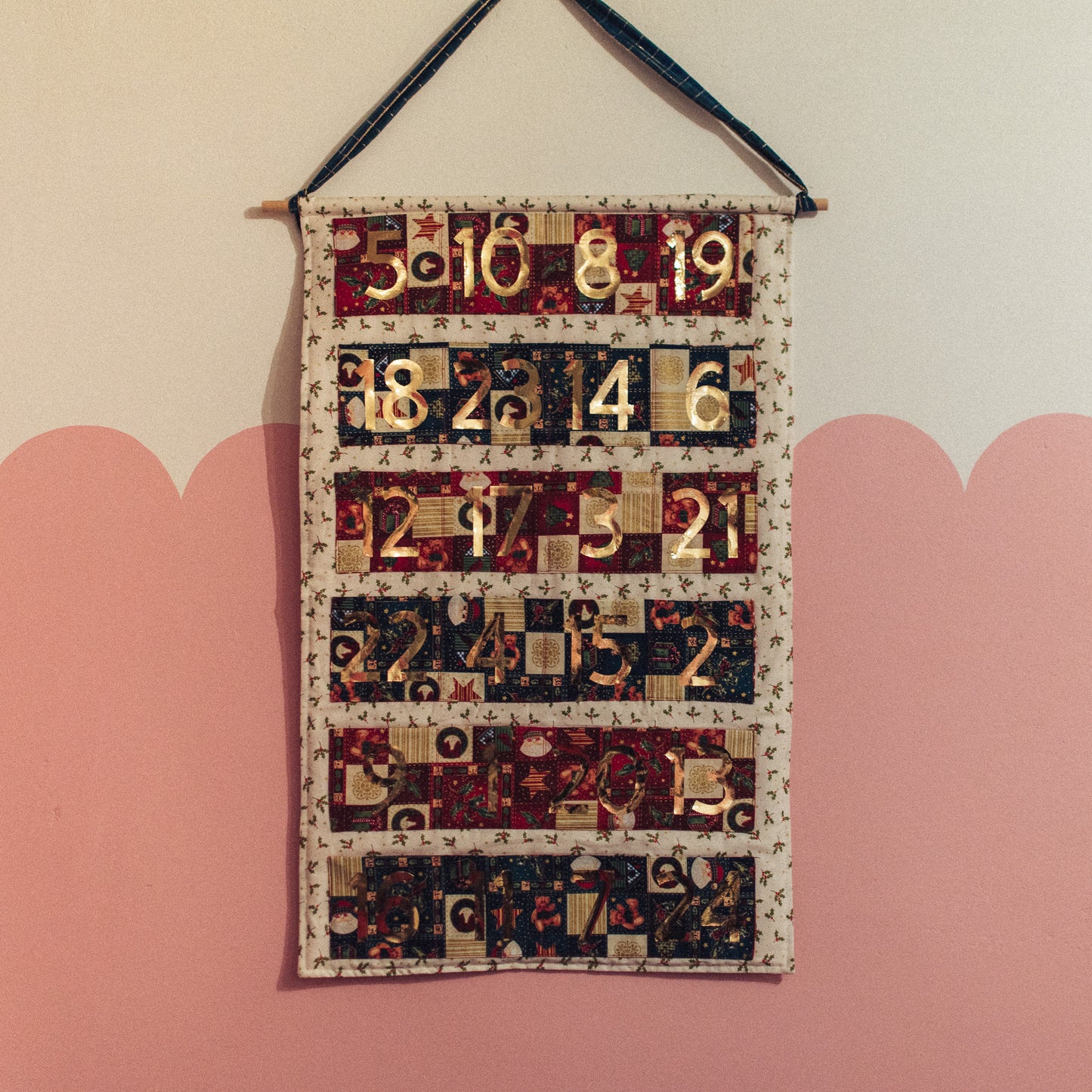 F&B Crafts Festive Advent Calendar - Small Holly Print Pattern with Patchwork pockets and gold number