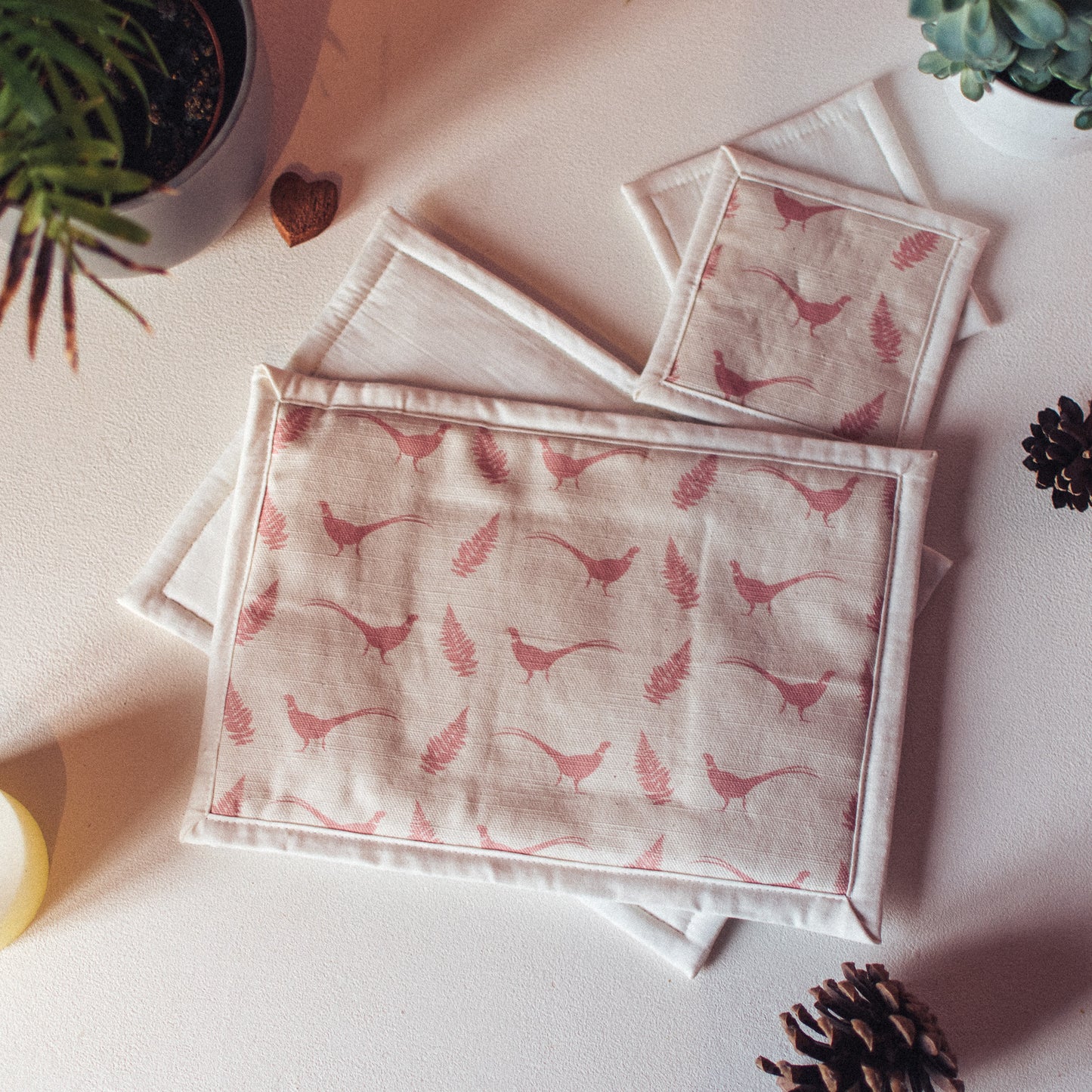 F&B Crafts Pink Pheasant & Fern Mats and Coasters - Handmade in Yorkshire 