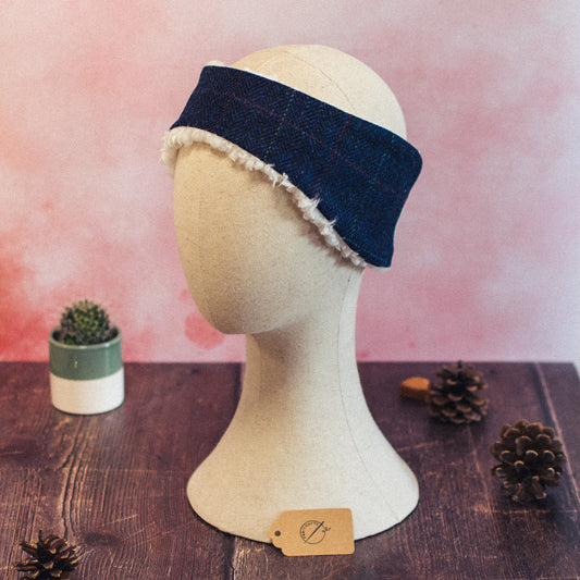 F&B Crafts - Navy Blue Multicoloured Check Windowpane Sherpa Feelce lined headwarmer made in yorkshire