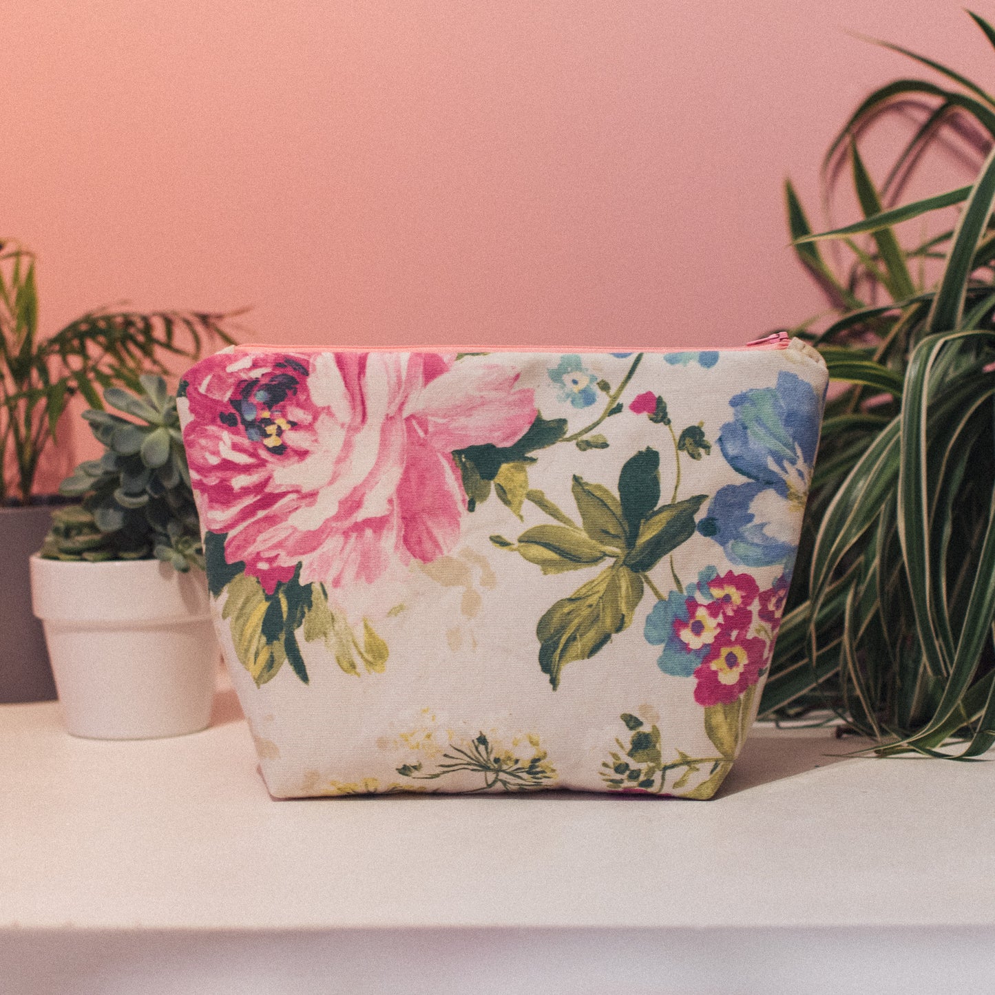 Floral Wash Bag with Large Pink, Blue and Cream Floral Pattern