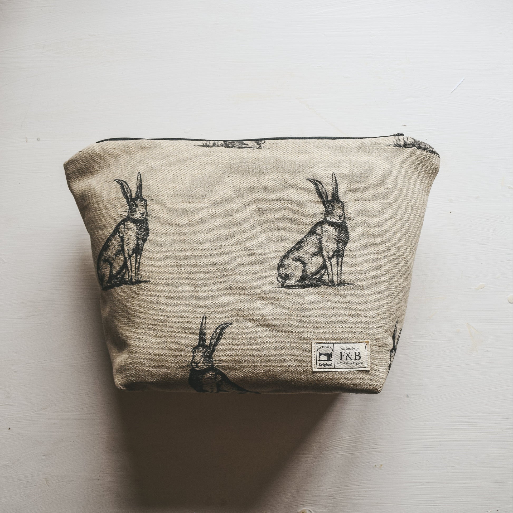 Ink drawing hare print wash bag or make up bag - waterproof lined and handmade in Yorkshire by F&B