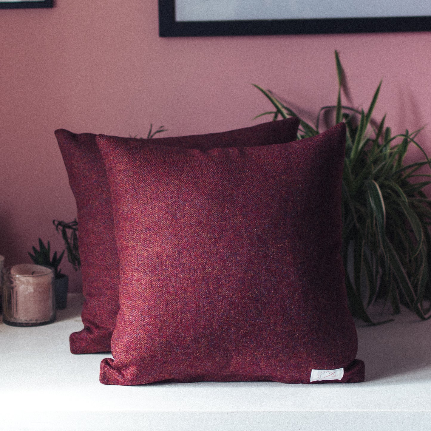 Burgundy Herringbone Tweed Cushion - Handmade Country Home Decor for Country Abodes and Farmhouses - Handmade by F&B in Yorkshire