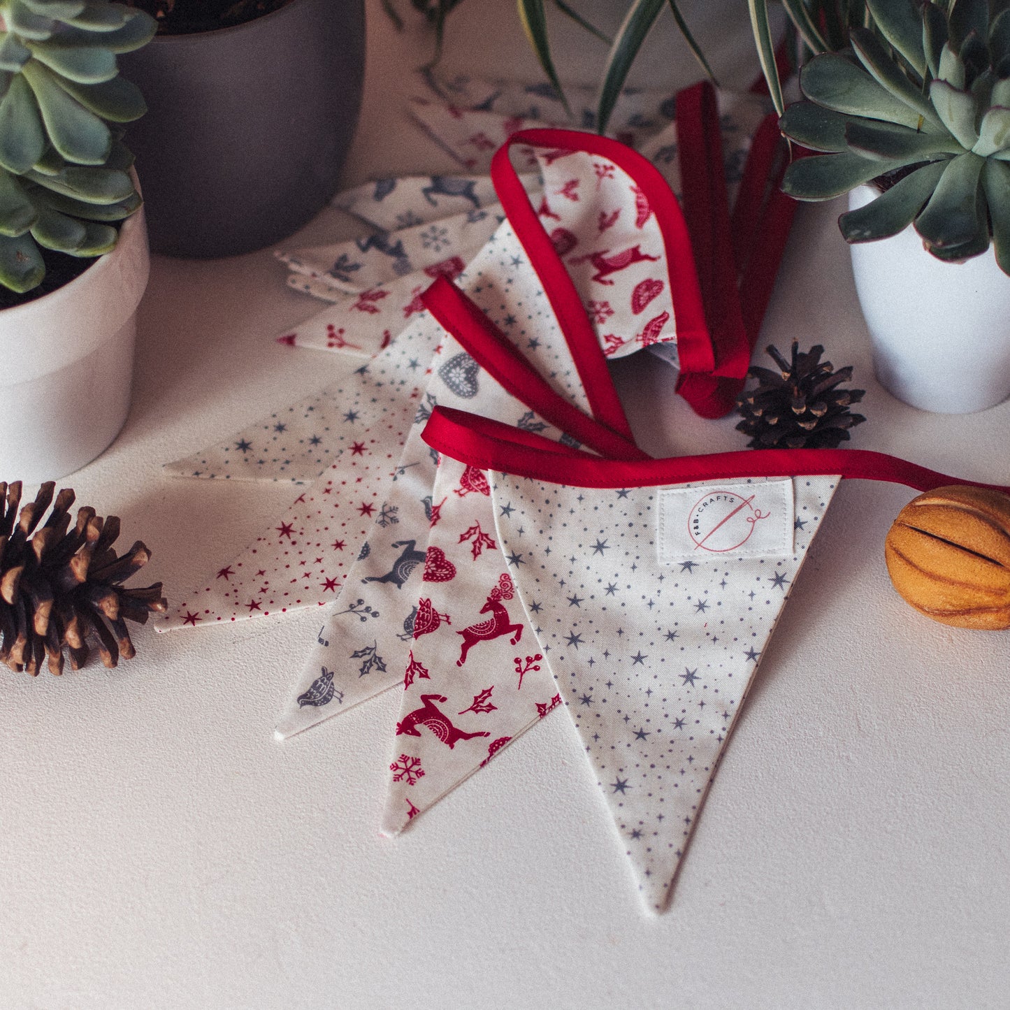 F&B Crafts Scandi Style Christmas Bunting Featuring Red & Grey Festive Print