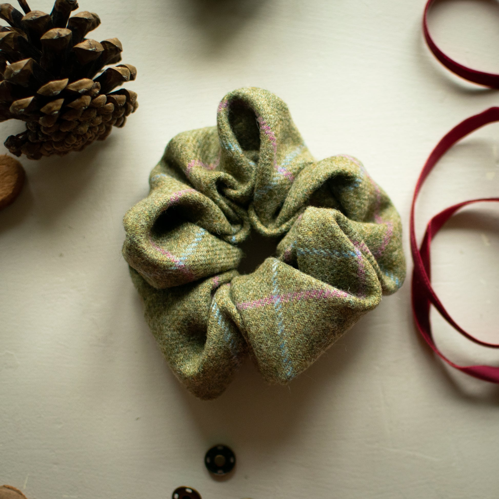 Light Green Blue & Pink check tweed scrunchie handmade by F&B - Made in yorkshire - country clothing accessories