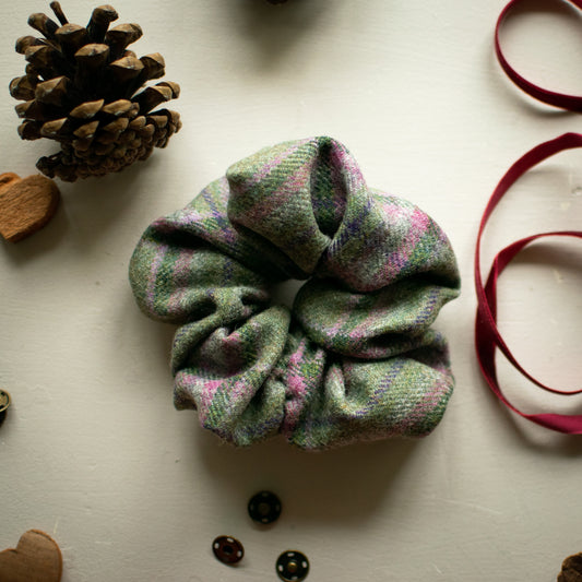 Meadow - Green and Pink Tweed Scrunchie Handmade by F&B - Country Clothing