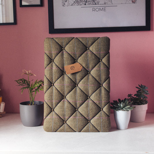 F&B Crafts Tweed Notice Board Handmade in Yorkshire - Light Green Tweed with Blue and Pink Check