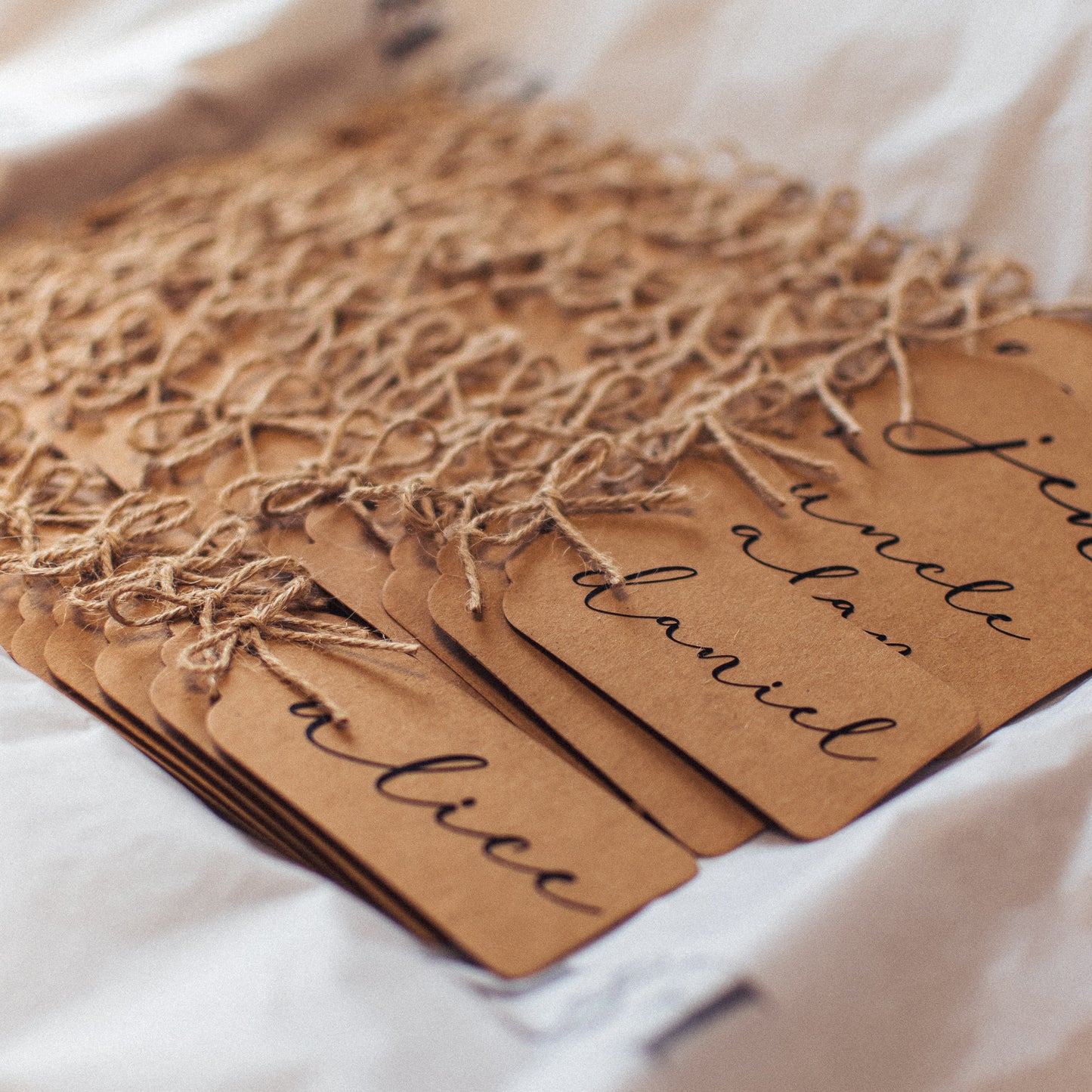 F&B Crafts - Place names for wedding decorations - kraft and twine design in darloune font