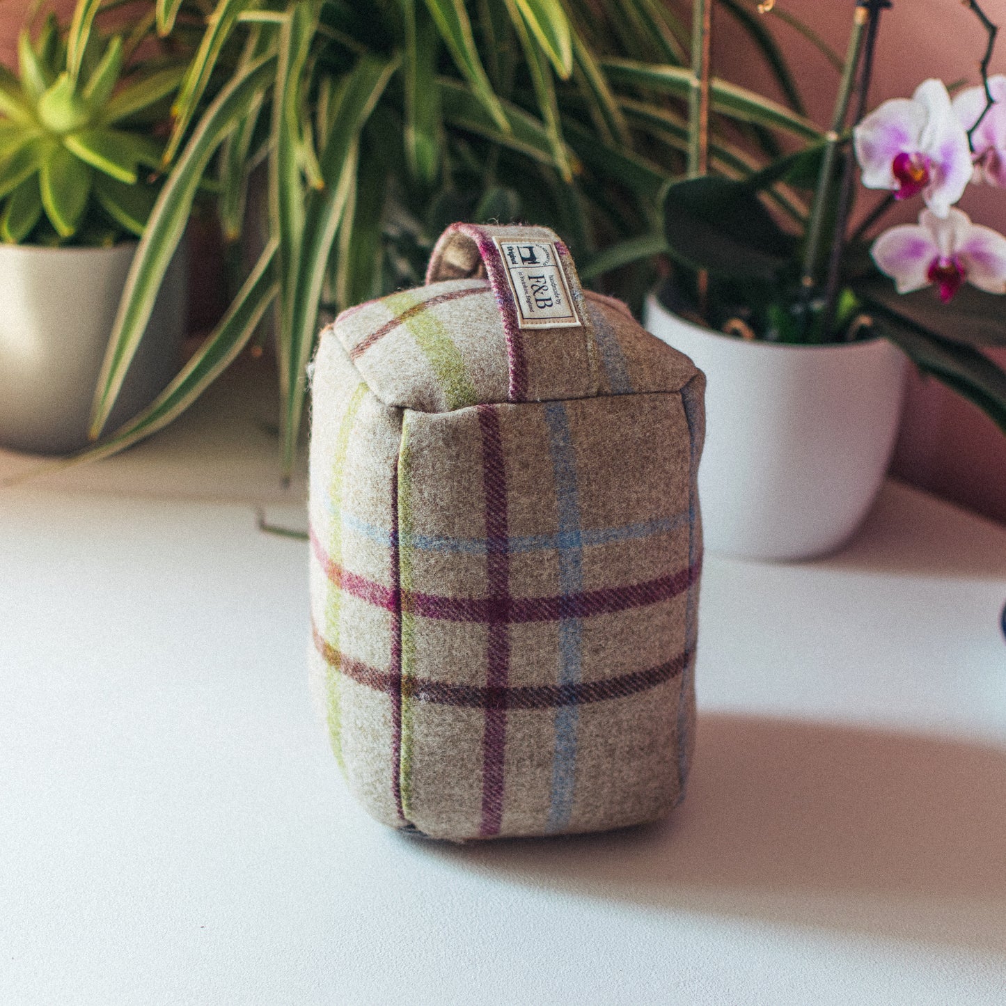 F&B Crafts Multi Coloured Check Doorstop in natural fabric from Abraham Moon