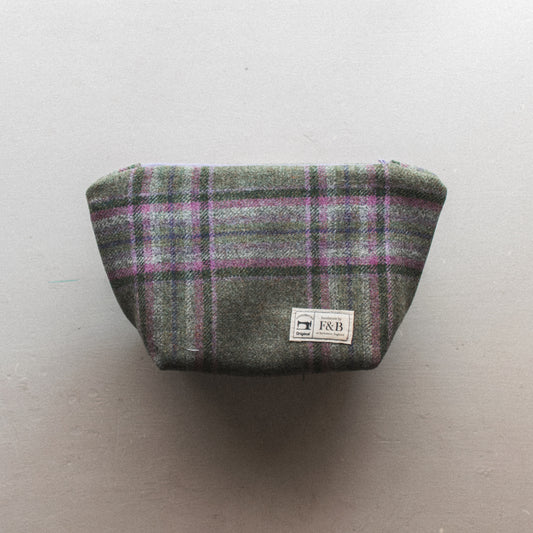 Meadow Tweed Wash Bag - Green and Pink Check Tweed Wash Bag Handmade by F&B in Yorkshire