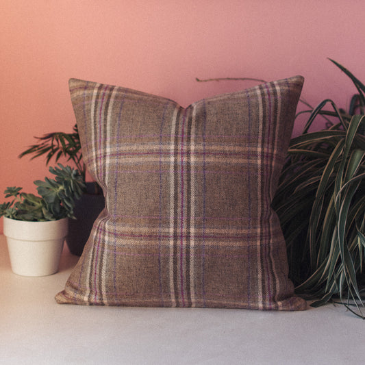 F&B Crafts - Blossom Tweed Cushion - Light Pink and Cream Tartan on Sand Base